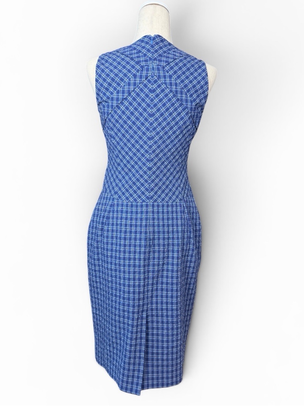 Altuzarra Blue Plaid Sleeveless Sheath Dress. Fitted Cotton - Picture 3 of 8